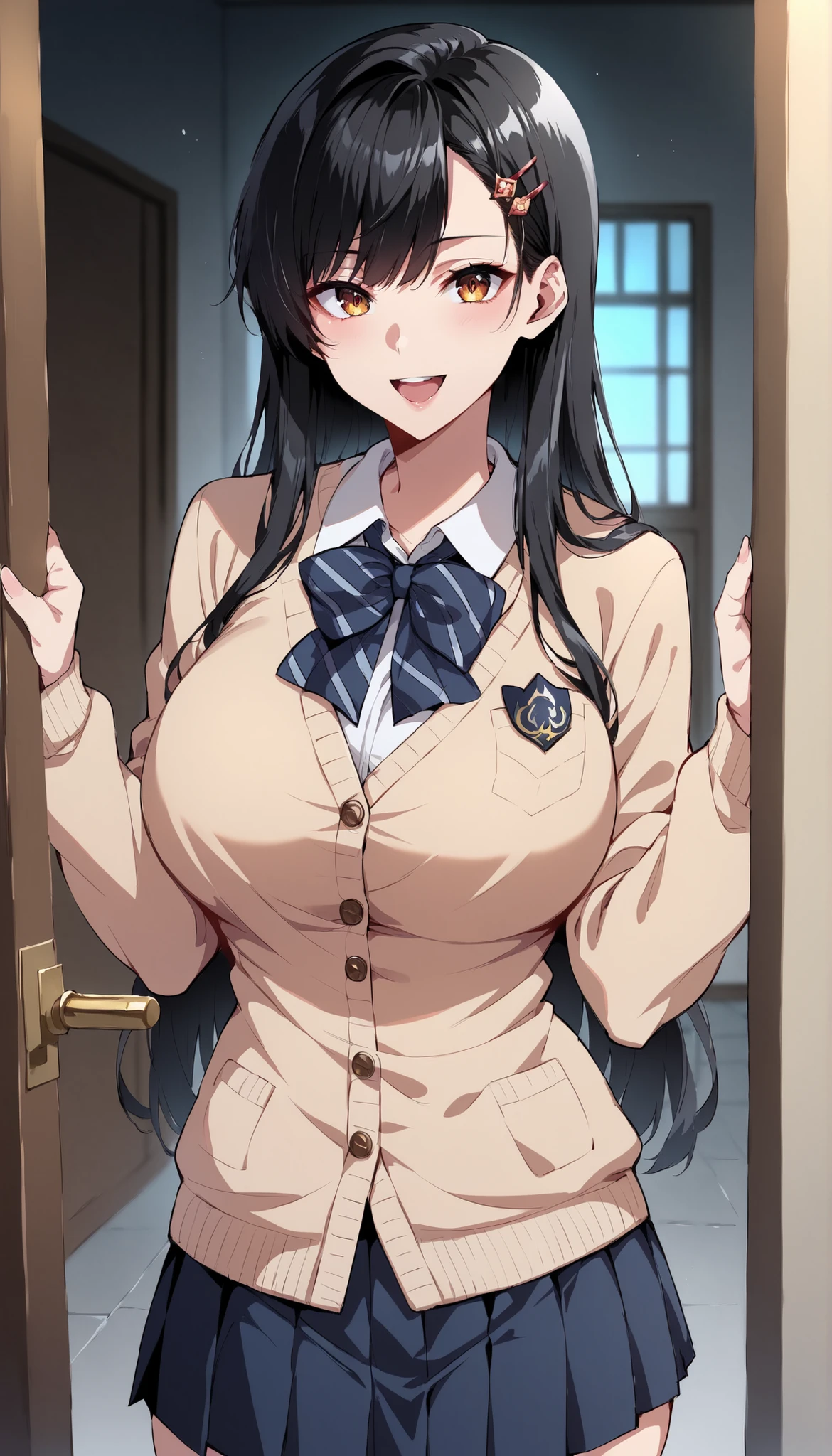  score_9, score_8_up, score_7_up, super precise, Absolute determination,32K, masterpiece, TOP QUALITY, Super High Definition, detailed, beautiful face and eyes , Japanese girls, black hair, long hair,  Asymmetric Bangs , hairpins,(+ heatstroke+ open your mouth+ attractive smile ), glowing skin, school uniform, beige cardigan , black pleated skirt , big breasts, Chest, valley, from the front ,viewers,(open the door)
