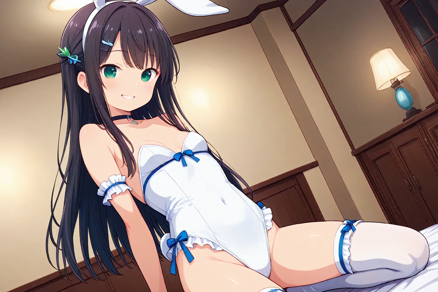 Best quality at best,one-girl,rabbitears,White bed,Brown hair,Blue headphones hang around your neck,Drenched,soaking wet,embarressed,A white bikini,spread their legs