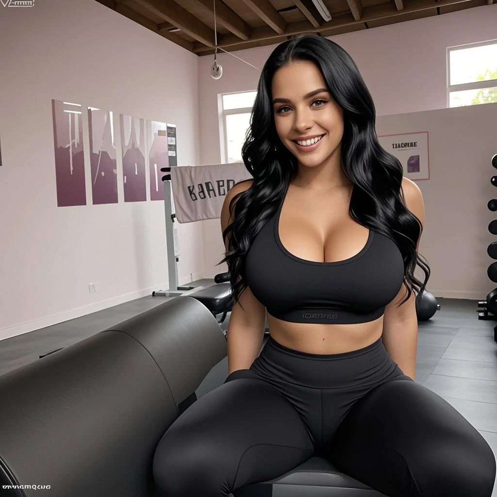 A woman in a yoga pants with bra with seductive, poses for a photo,big ass, 36DD Indian, Beautiful goddess, girl, Gorgeous woman, south east asian with long, provocative indian, beauty, Big boobs, deep cleavage, sexy navel, Large breasts and deep cleavage,gym background