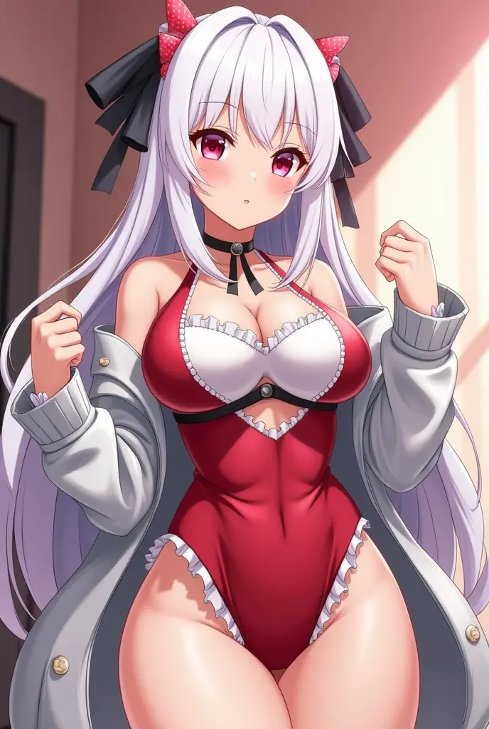 anime girl with, red strapless bodysuit, red bunny ears, black stockings, Red high heels, long blue fur, white clothing collar with red bow.