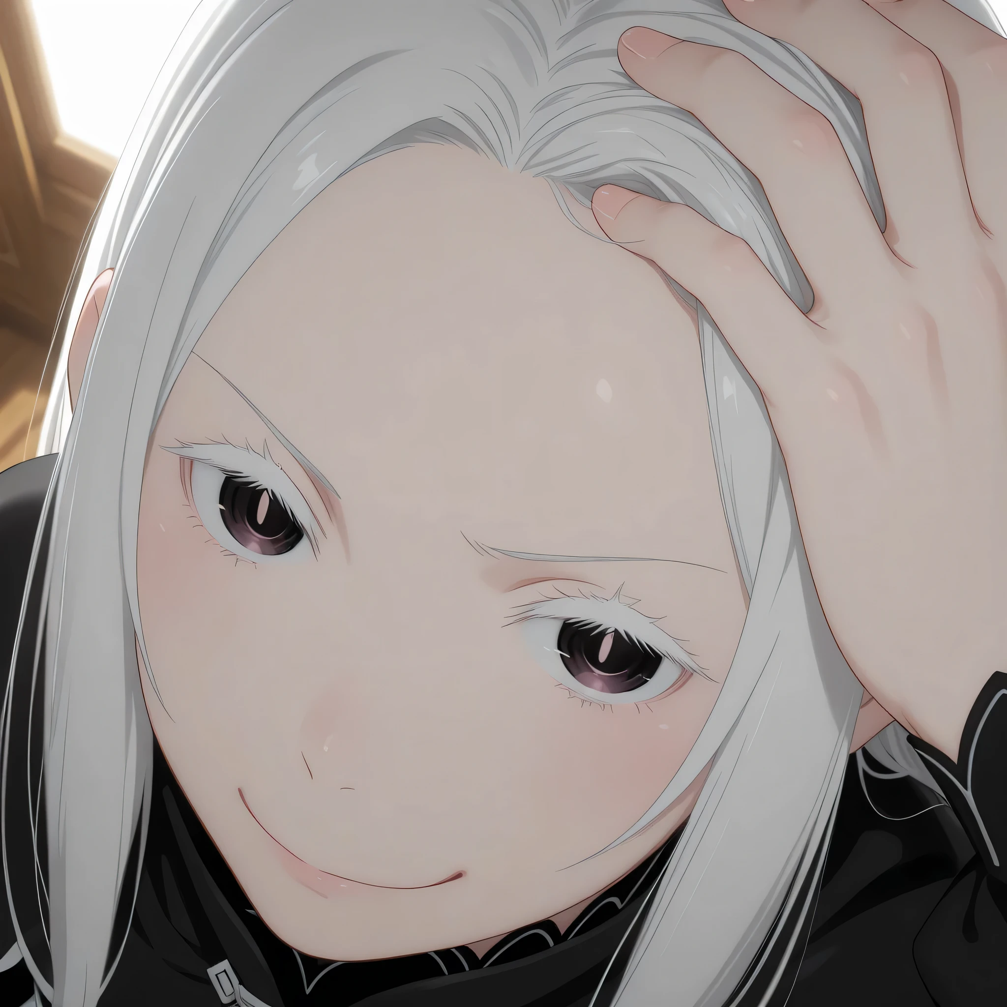 echidna rezero, close up, hand on hair, showing forehead, looking confident, smug, looking at viewer, dynamic angle, view from above, attractive, masterpiece, best quality, good lighting