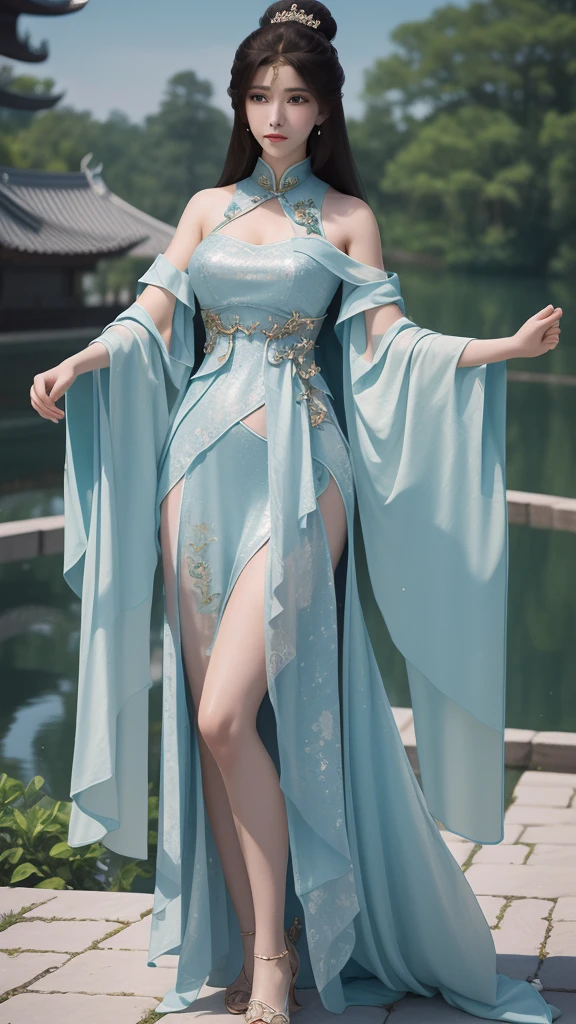 hanfu, 1girl, ((full body)), ((from below)), in the mountains, sit on rock, plant, bouquet, Show off your exquisite figure and graceful curves, slim body, big breasts, cleavage, sexy legs, big eyes, elegant posture, long hair, brown hair, curls, Warm colors, masterpiece, best quality, correct, 解剖学correct, official art, complex, detail的脸, detail, lifelike, Very detailed, official art