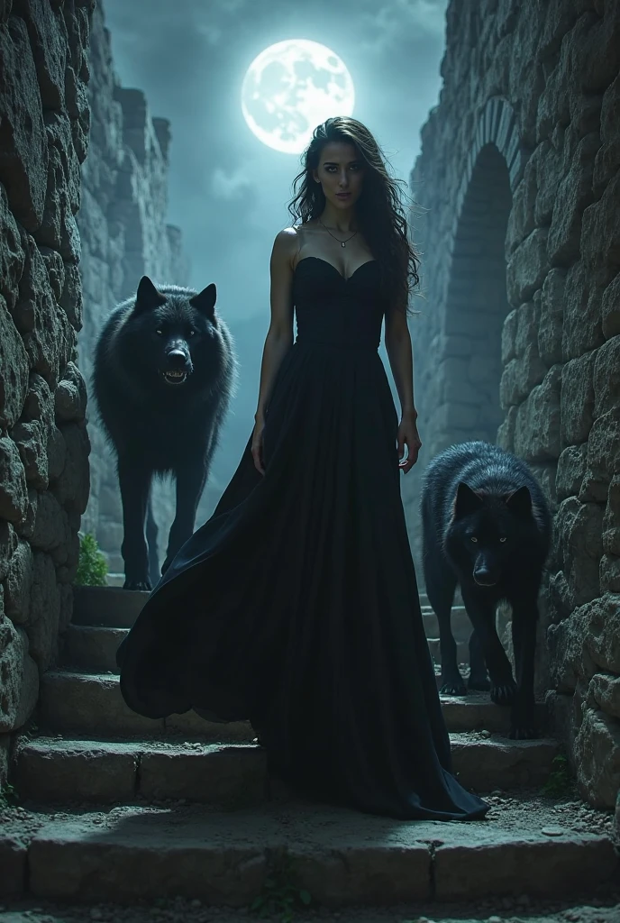 Explore the mystical realm of Hecate, the goddess of sorcery and ghosts. With her loyal dogs by her side, she weaves spells and magic under the cover of night. High quality, high resolution, cinematic, dark, vapor, abandoned, conceptual hyper-aesthetic dramatic ambience. 16k, extreme detail, fine textures, ((dark shadows)), dark, sharp lines, ((time the revelatory)), vivid colors. beautiful. revealing. masterpiece. vibrant. (back lighting). (void:1.2). (perspective:1.3). (wind:1.1). (tang:1.1). (time:1.4). (decay:1.3). (fog:1.1). (ruin:1.1) Shot on a Hasselblad high format camera with a 100mm lens, this portrait is a stunning example of visual storytelling, this cinematic. (35mm, F/2.8) Photo Focus, DOF, Aperture, and hyper-maximalist rendering bring this scene to life in stunning detail. This image captures every nuance and expression, It's a stunningly realistic and visually descriptive piece. The composition is expertly crafted, with global illumination adding a sense of depth and dimension.