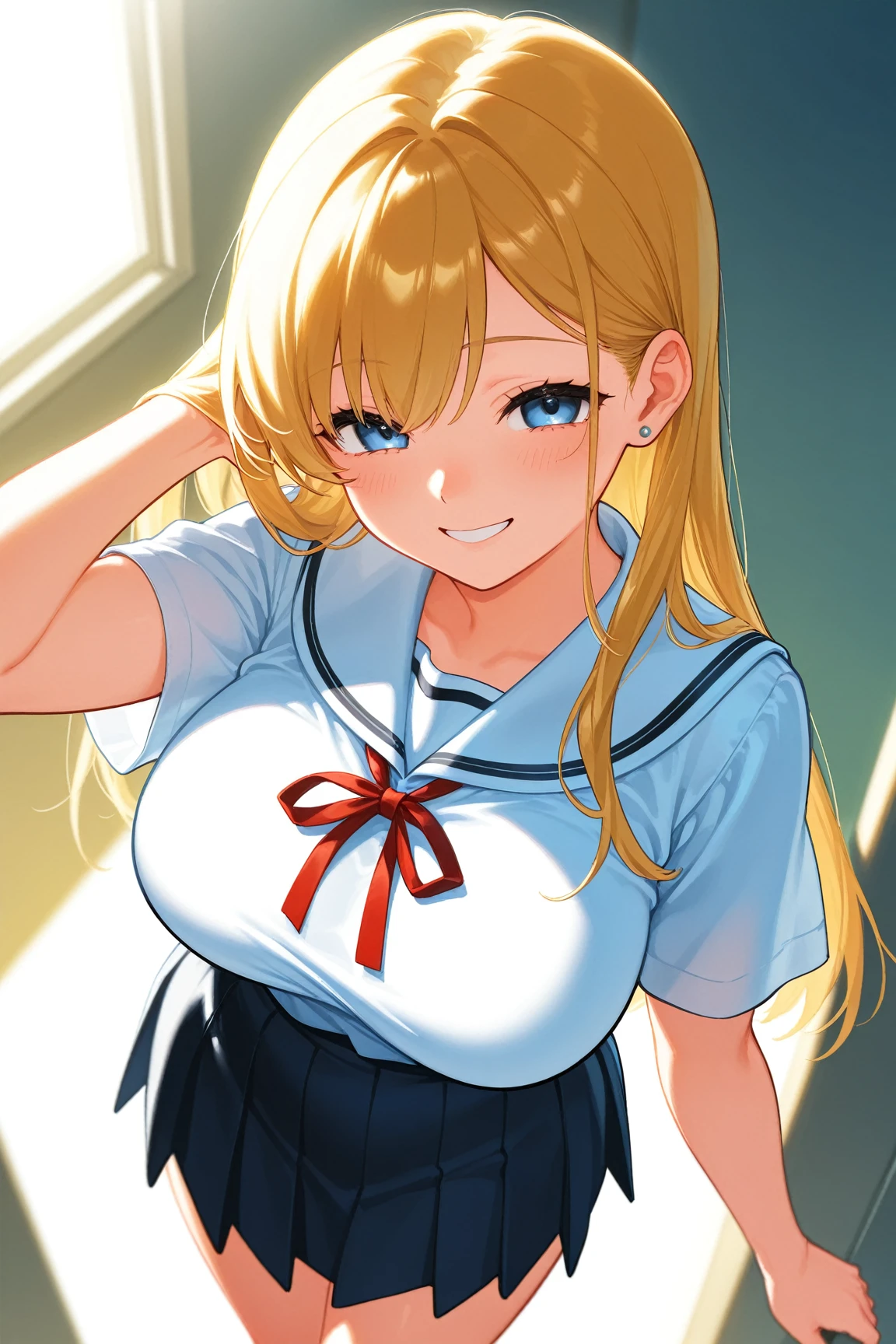 (Anime works, Anime Style, Studio Anime, Very detailed, Latest, Vibrant, Anime Coloring, High Contrast, masterpiece:1.2, Highest quality, Best aesthetics), A woman wearing a sailor suit, Pleated skirt, Big Breasts, hair accessory, Thighs glimpsed,White see-through panties、 blonde, Straight long hair, Perfect proportions, Skin with attention to detail, cute, Detailed face, Random sexy poses, School classroom, Accurate Fingers,