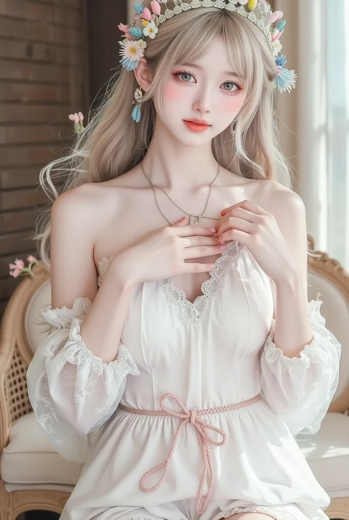 Masterpiece, Best quality, , 1girll, Solo, , Depth of field, Blonde hair, Green eyes, mitts, dress, Bare shoulders, 鎖骨, Elbow gloves, White gloves, White dress, No shoulder strap, head gear, light yarn, Strapless dress, Wedding dress, Bridal veil, Beautiful woman, Perfect body, Wearing a wedding dress, Prom Dresses, In the garden of trees, Wedding decoration, Looking at the audience, a little bit smile , Realism, Masterpiece, Textured skin, Super detail, High detail, High quality, Best quality, 1080p, 16k