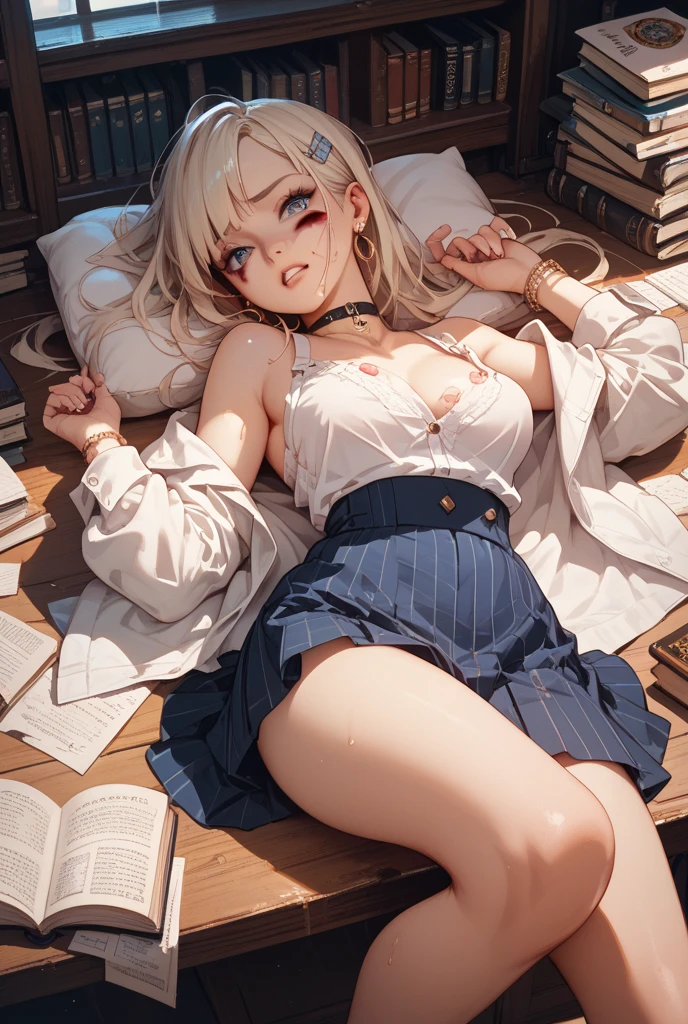 ((highest quality)), ((masterpiece)), (detailed), Perfect Face, perfect detailed eyes, perfect detailed face, ultra-detailed nose, Blonde Hair, Messy Hair, Hair above the eyes, Medium Hair, Pale skin, Forehead mark, Cinema Lighting, Chiaroscuro, mini skirt,Reading a book,whole body,Attractive legs