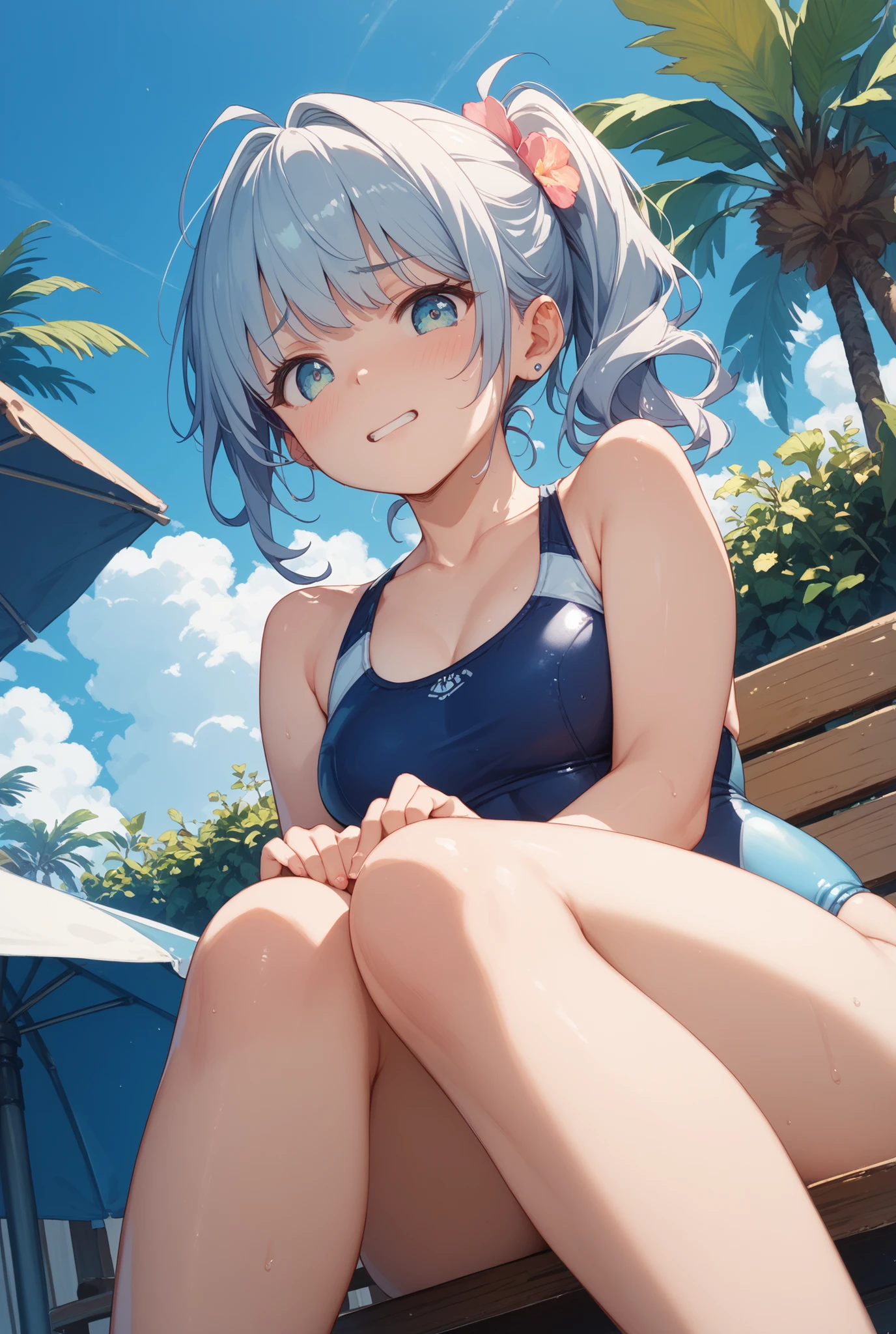 (((best quality)), ((masterpiece)), (details), masterpiece, best quality, high quality, ulutra detailed, perfect face, ((1girl, blue eyes, cat ears: 1.3 silver bob hair: 2.5,)) 、Shiny Hair、Glowing Skin、blush、Lustful look、Side Angle、Ocean岸、Ocean、evening、Sitting on the shore、Put your face on your knees、View here、One-piece swimsuit with frills、barefoot、smile