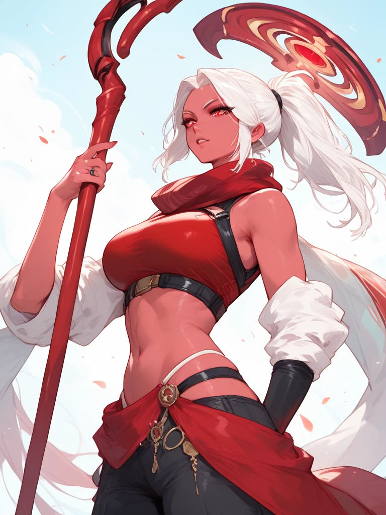 (best quality)), ((masterpiece)), 1 girl, Soft expression,happy,Smiley Face,Big boobs, Big Ass, Good shape, White hair, Tights, Red iris, Big and bright eyes, Long eyelashes, Small, pale natural lips, Small chin, (Perfect four fingers, 1 thumb)