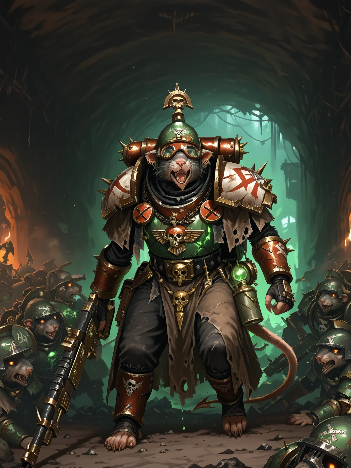 A digital painting of a Skaven from Warhammer Fantasy. The Skaven is depicted as a bipedal rat-like creature with grey fur and a long, scaly tail. It is wearing a tattered brown cloak and a metal helmet with a pair of goggles. It is also carrying a variety of gadgets and a backpack full of alchemical potions. The Skaven is standing in a dark, underground chamber, surrounded by piles of garbage and debris. The air is thick with the smell of decay and the sound of dripping water. Holding a las rifle, Warhammer 40k, high quality, best quality, masterpiece,
