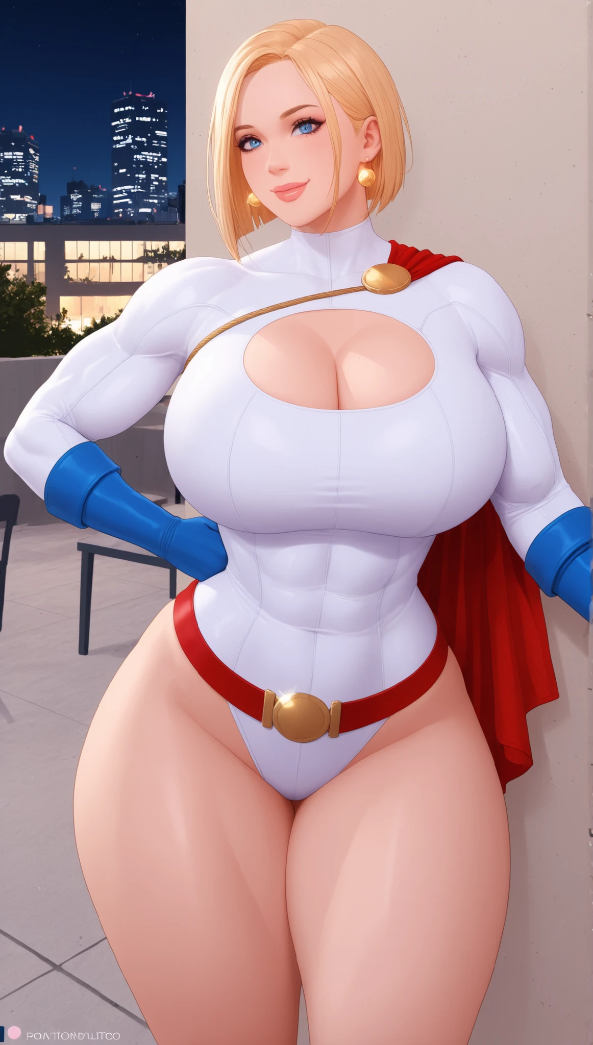 ((masterpiece, best quality, ultra-detailed, ultra-HD, photorealistic, cinematic)), (masterpiece:1.0), (best_quality:1.2), ((Full body photo)). Laura/woman/Chinese (big breasts:1.3) is standing, (Spider-Man/Ultraman hybrid costume with blue jewelry on the breastplate/extremely tight on the body/extremely exhibitionist:1.2)), wearing (red lipstick on the mouth:1.0), ull body view, facing the viewer, hand on hips, legs parted, confident stance, proud stance, smiling, posing. She has (very short blonde hair, slick:1.5) and (blue eyes:1.5), Mortal Kombat, anime, framed, symmetry, 16k, best quality, super detail, textured skin, UHD, (chubby:1.2), (huge breasts:1.4), (wide hips:1.3)