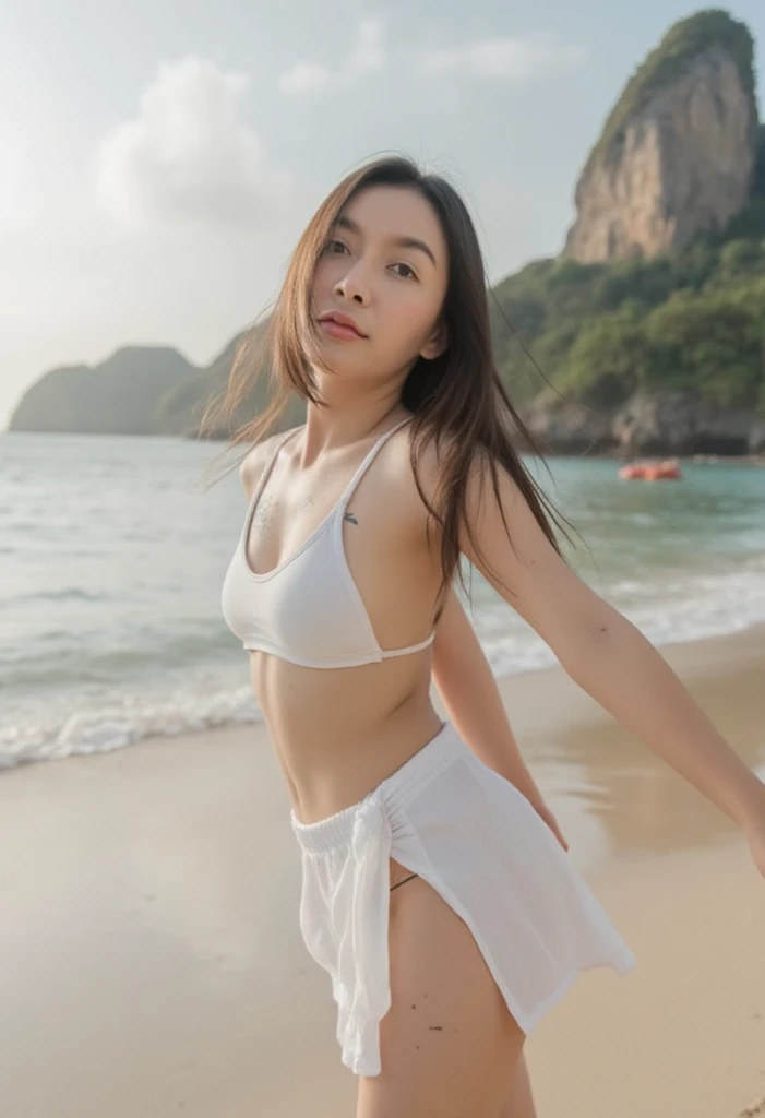 35 Years Old, Beautiful Thai Mature woman ผมหยิกยาวยุ่ง , mature body, seductive posture, smile, topless, beach, daytime, เนื้อหาสำหรับผู้ใหญ่