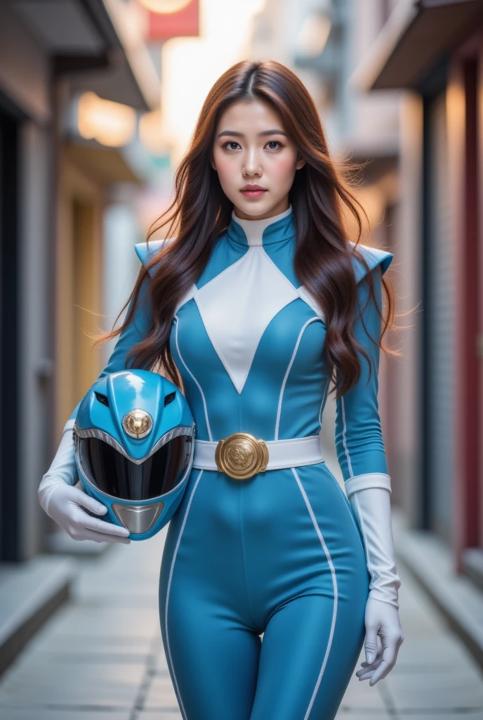 mulher caucasiana. cabelo marrom curto .Metallic mask with red T-shaped visor. luvas azul cano curto pulseiras de couro. It has four arms. tight blue pants. cinto marrom liso com rubi circular .action pose .blusa colada sem manga azul com listra central vertical amarela