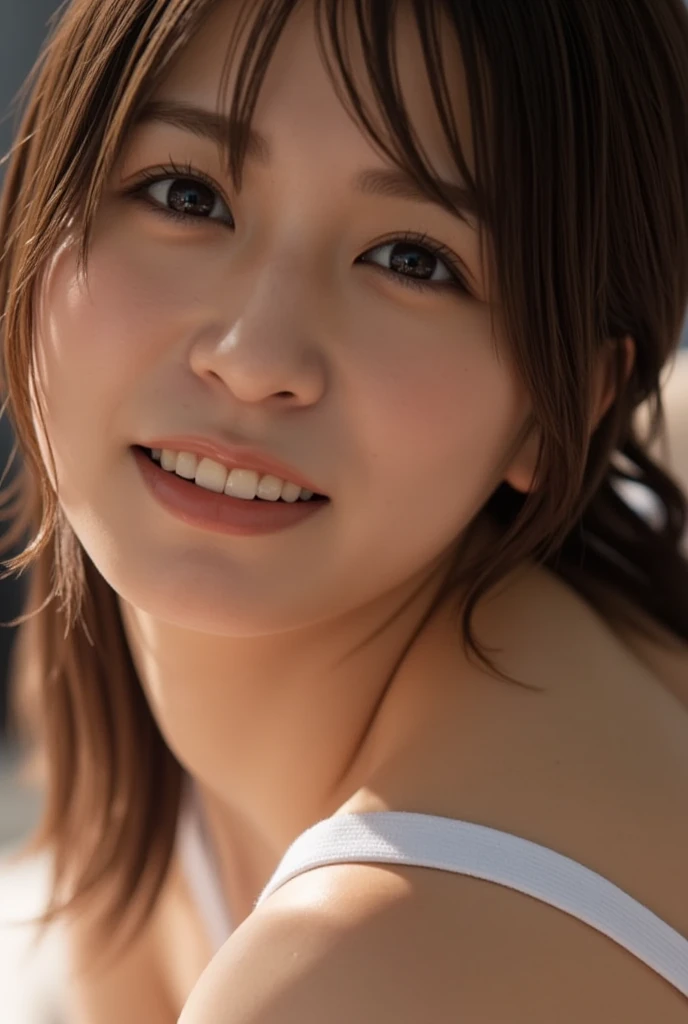 muste piece, best quality, 8K, 1 girl, good hand, 14 yo, close up of face, Bustling, active, Life Breasts Force, Luminescent, looking away, Raw photo, Breasts F/1.8, 135 mm, nikon, anatomically correct, It's blurry,textured skin, professional photography, People photography, soft light, professional lighting, solo, (shy smile), cute type, girl style, boobs film grain, (detailed eyes and face:1.0), brown hair, Short hair swaying in the wind, bangs