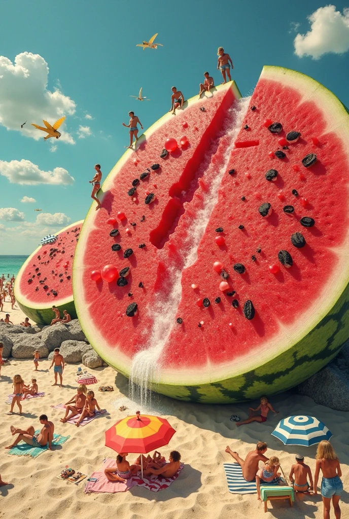 Sardinia beaches sexy girls in bikinis playing volleyball with a realistic giant aubergine