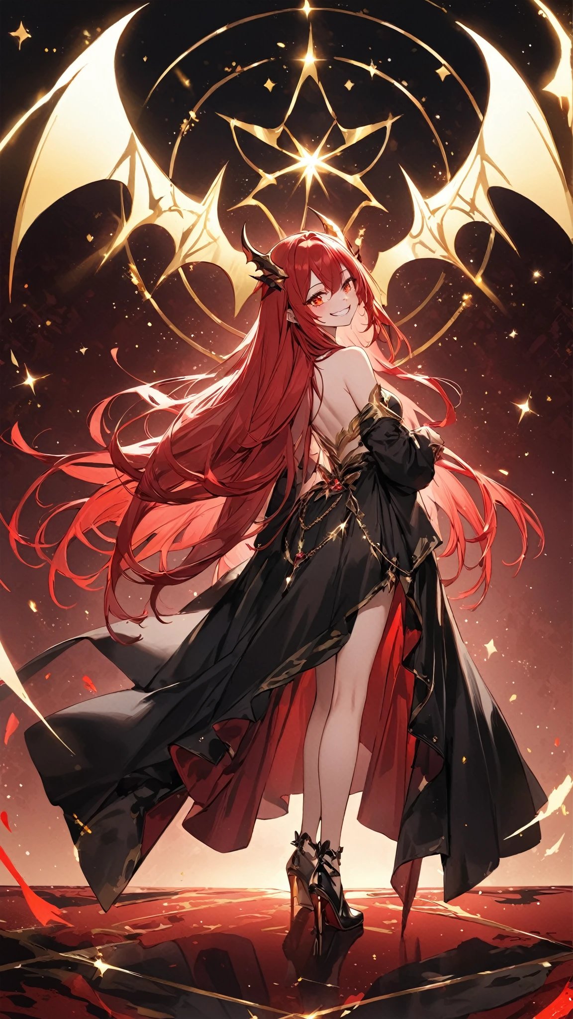 (absurdres, highres, ultra detailed), 1 male, adult, handsome, tall muscular guy, broad shoulders, finely detailed eyes and detailed face, red long hair, fantasy, complex pattern, detailed face, demon wings, lens flare, colorful, black clothes, bracelets and accessories, prism, glowing, glitter, particles, bloom, bright and gothic outlook, creative and adventurous spirit, represents happiness and harmony, elf ears, violet eyes, black horns, man