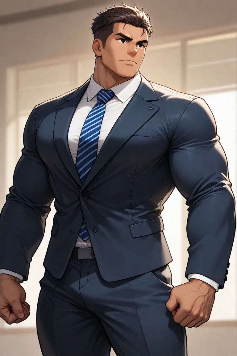 top-quality、​masterpiece、超A high resolution、(realisitic:1.4)、Detailed face、solo、１human male、Dark hair、glistning skin、dense skin、(asian human)、architectural、(absurderes、hight resolution、Ultra-detail)、、1 male、Adults、(20-year-old man)、a handsome、tall muscular man、broad shoulder、extra very short hair、angular jaws、thick neck、thick eyebrow、extra very short hair、A darK-haired、fine eyes and detailed face、 Highly detailed CG Unity 8K wallpapers、intricate-detail、(Style Swirl Magic:0.7)、looking at the spectator、solo、(full body Esbian:0.6)、Detailed background、A detailed face、dynamicposes、、Urban background、dynamic compositions、 big muscle、、((((Crotch bulge))))、a handsome、 ((masutepiece:1.4, Best Quality)), ((masutepiece, Best Quality)), (photographrealistic:1.4)、(((Wearing a suit)))、、buttock、Big butt、on  back、Wear plain clothes、Suits、japanese male、good physique、A suit that looks like it's going to tear、Beautiful Chinese Man