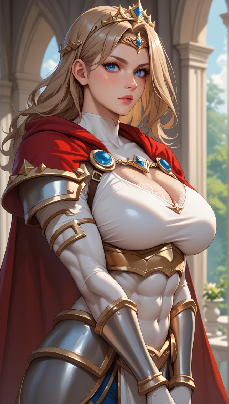 ((masterpiece, best quality, ultra-detailed, high resolution, extremely detailed CG, super detailed, Most beautiful clean lighting)),1girl, pretty face, blunt bangs, Long hair, drill hair, twin drills, blonde hair, shiny hair, glow eyes, jitome, brown eyes, tsurime, white skin, huge breasts, Short body, Western-style fantasy, RPG, Rocky mountains, desert, Red cape, Golden knight, Golden Armor, she is holding a large sword and a large shield.