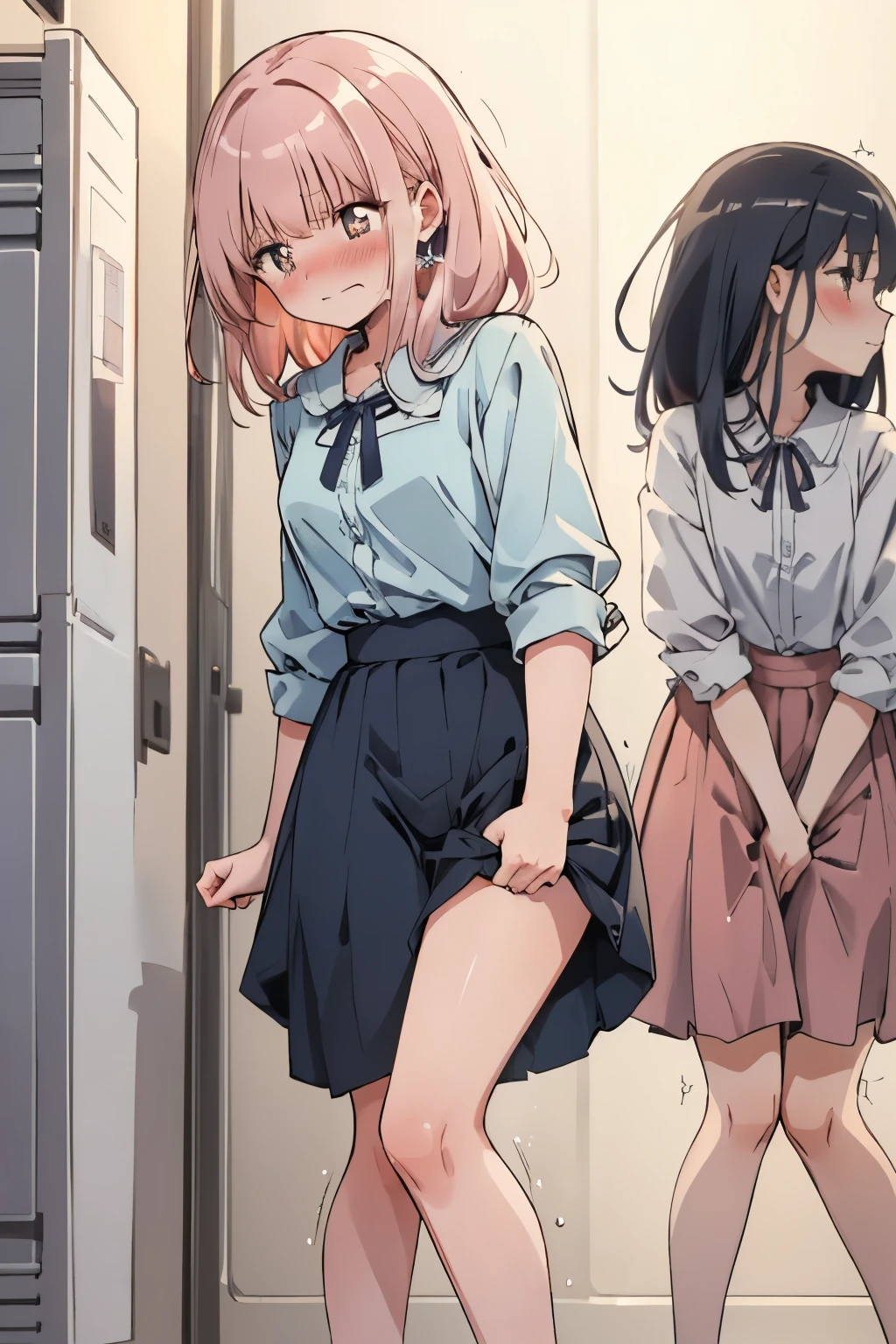 (8K, ultra-detailed, best quality, anatomically perfect body:1.5), (small breast:1.2), shiny skin, (1 girl), (have to pee:1.1), (urge to pee:1.3), (peeing self:0.8), (pp clothes:0.7), (very desperate to pee:1.3), (takes to front of the bathroom door), (waiting for bathroom with line), (standing), (Each one has a different blouse), (Each one has a different maxi pinafore dress:1.4), pantyhose, petticoat, (Each one has a different footwear:1.1), (Each one has a different hairstyle), (knees together and feet apart:1.4), (Rub each other's knees:1.2), (leaning forward:1.3), (hand between legs), (holding the crotch:1.5), (orgasm:1.5), (blush:1.5), (embarrassment:1.4), (impatience:1.3), (flustered:1.2), (fidgeting around:1.5), flowing sweat, (erotic waist twist:1.3), (panting), (breathless:1.4), (Erotic feelings), (close eyes, closed mouth:0.9), (orgasm), looking away, from side, (upskirt:1.2), full body, nsfw, 
