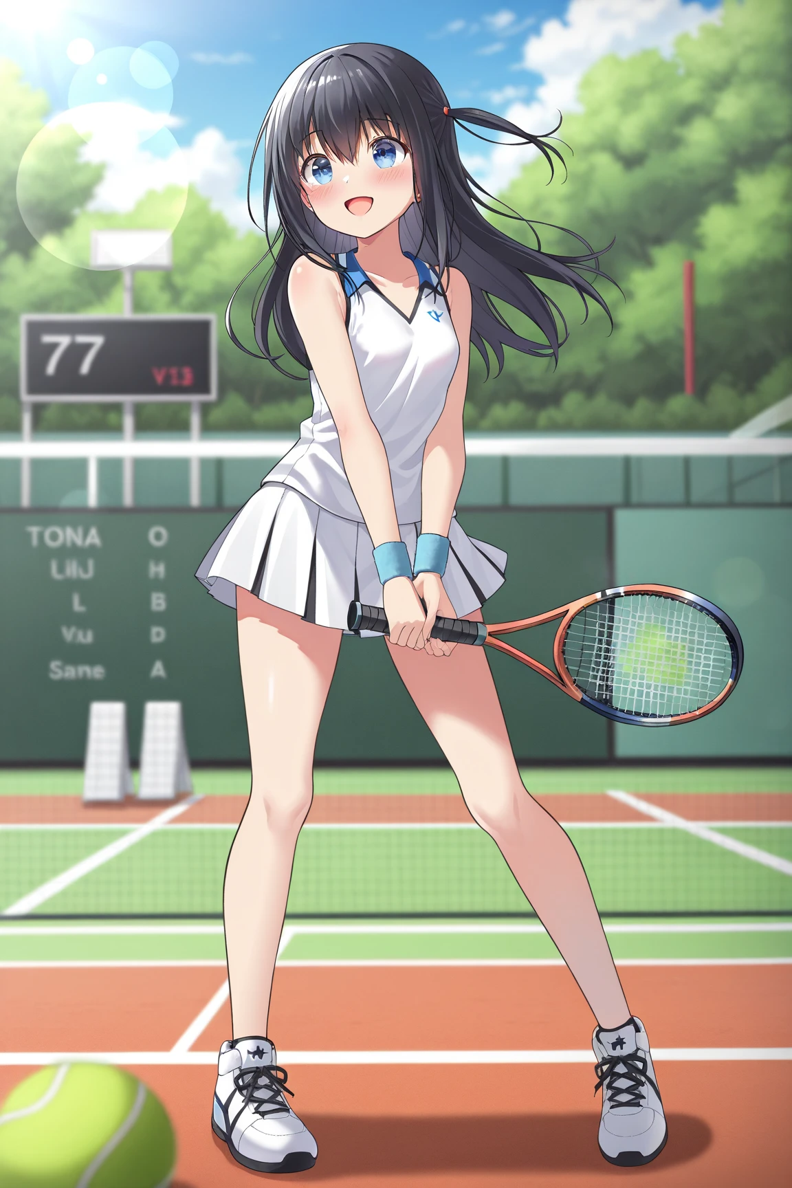 Yukino yukinoshita, long hair, cleavage, navel, slim legs, black hair, blue eyes,  short skirt, thigh high socks, teen, happy, tennis player uniform, park,
