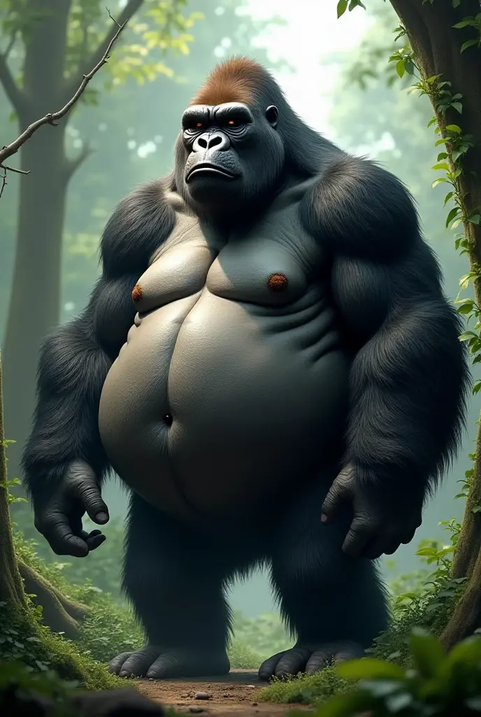 (Very Furry), Antropomorfico humanoide, Solo, Naked, Gorilla, De Pie, stand up, (Expresion Enfadado), [Color Black Silver metal], Nude, Solo, [Bulto Male Big], Big Balls , Detallado, (Cuerpo Completo), (Pies Peludos) cuerpo furry Silver Black, Fondo Jungla, pupil Eyes, Alta resolucion, (Genital Animal, Gorilla) Pene Black, Gorilla Penis, Ereccion, Realismo, Realist