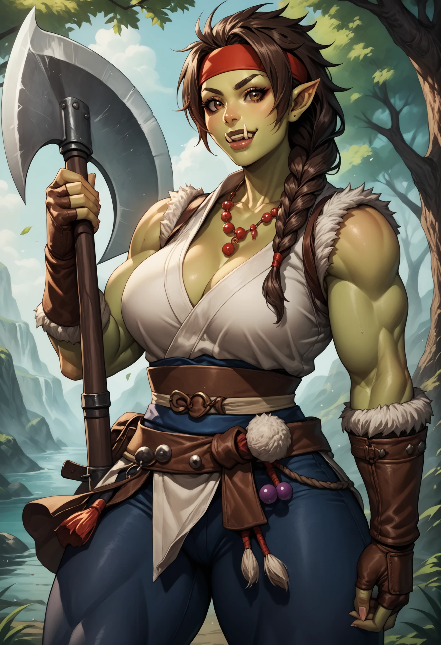 barbarian, barbarian clothes, holding two handed axe, ysakazaki, prayer beads necklace, headband, fingerless gloves, brown hair, brown eyes, single braid, female orc, muscle female, Orc, fangs, perfect fangs, pointed ears, black sclera, light green skin