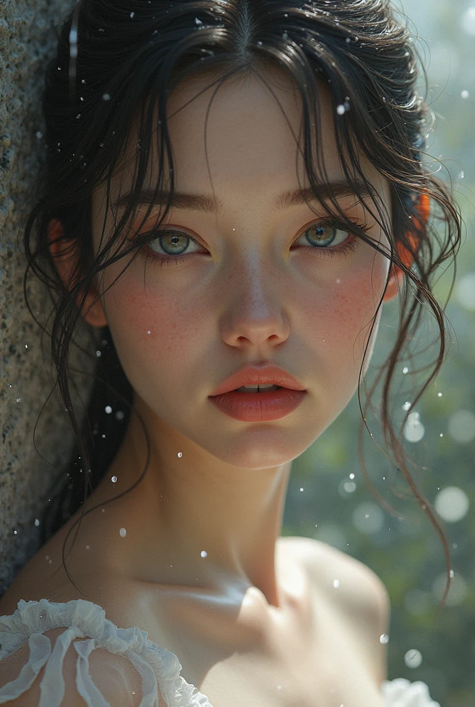 20 year old, ultra detailed face, skinny body, white skin, green eyes, messy black hair, sunny winter snow, snow on the ground, ((front view, ultra detailed nordic eyes)), (((masterpiece, giant, giant breasts, white short blouse))), photorealism, High Contrast, photorealistic, photo, masterpiece, realistic, realism, photorealism, High Contrast, photorealistic digital art trend on Artstation 8k HD high definition detailed realistic, detailed, Skin Texture, hyperdetailed, realistic Skin Texture, Best quality, ultra high resolution, (photorealistic: 1.4), high resolution, detailed, raw photo, high heat, Kodak Portra 400.6 camera F1 lens rich colors hyper realistic texture dramatic lighting irrealengine trend in artstation cinestill 800.