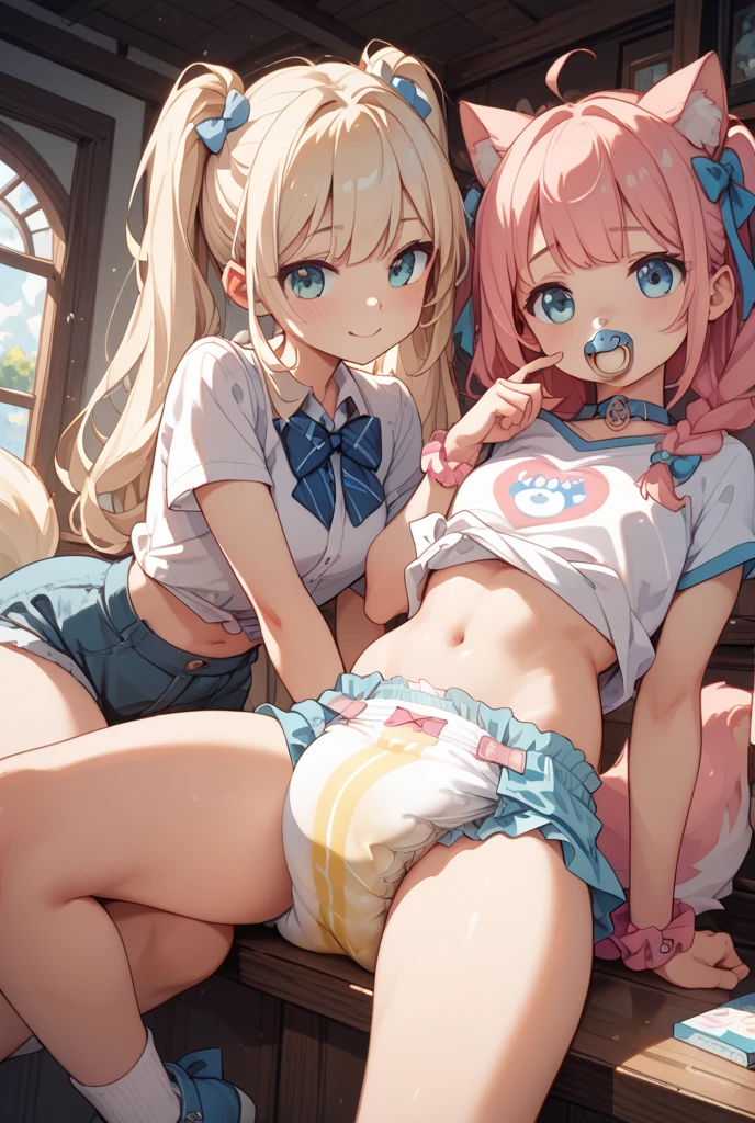 NSFW,Two s,pantpulldown,Lying down,((Lift both legs yourself)),Panties,Having sex,Light blue hair,Light pink hairstyle,Cat ears,Pink eyes,Light blue Lolita,whitck,Lori,pink bows,Striped socks,Smile with open mouth,Top image quality,Best Quality
