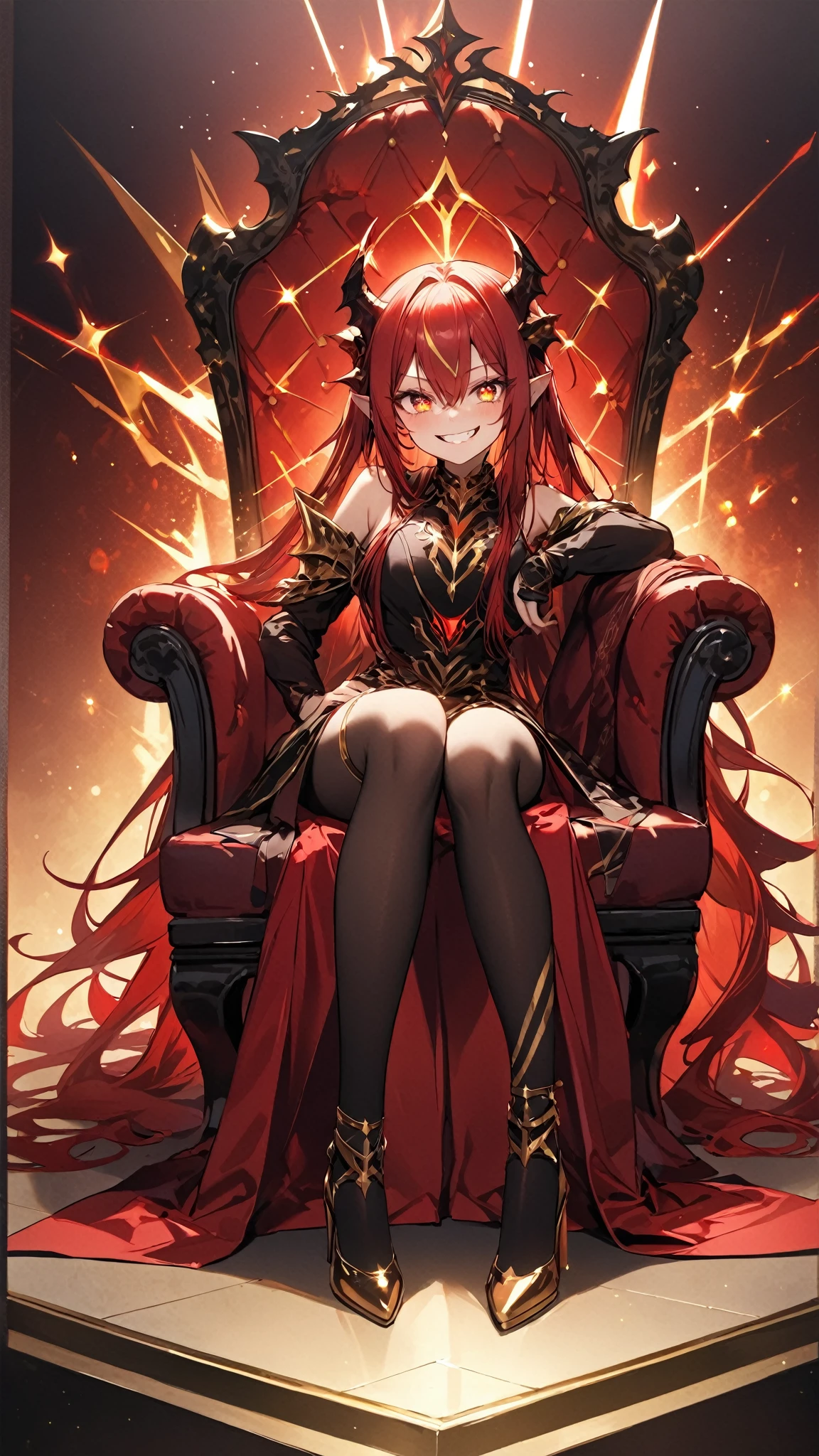 Luxurious chair、gorgeous、Red Hair、Long Hair、Red Eyes、greed、Royalty、Queen、Red Cape、Grin、tooth、Rest on one elbow、Inside the venue