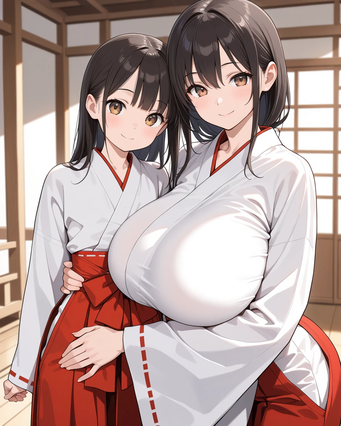 (1girl)(gigantic breasts)(ecstasy)(gigantic breasts)a girl with dark hair standing in front of a door and wardrobe, japanese clothes, 1girl, solo, black hair, hakama, skirt, blush, looking at viewer, white kimono, hakama skirt, bangs,big breasts, huge breasts, gigantic breasts