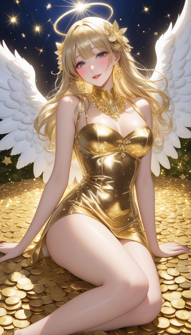 (masterpiece1.5),(A young blonde woman in a gold dress is fighting a gold dragon with a big gold sword), 1girl in, breasts, Solo, Blonde hair, Long hair, pointy ear, Blue eyes, Smile, cleavage, Dress, put hands on the hip,Sequin Dresses, Looking at Viewer,(((beautiful giant golden sphere))),kirakira,shiny,illustrious,golden colored,Gold Ball,Golden Jade,Dazzling,Reflectors,Gorgeous,high-class sense,kirakira,The Flash,metalic,Glossy