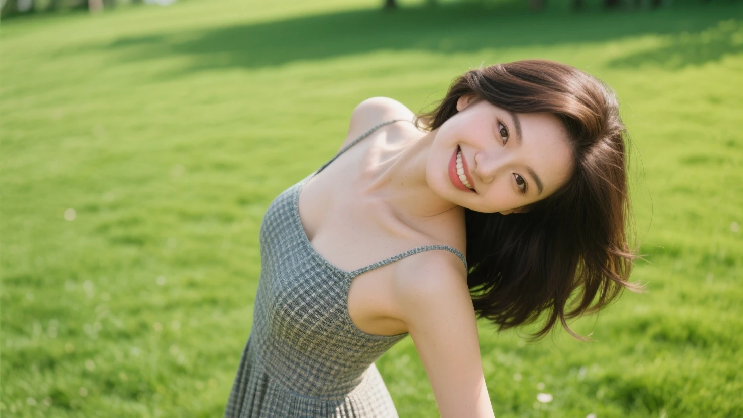 A drone-captured aerial view of a beautiful Japanese woman standing in an open field, looking up towards the sky with her arms fully raised in a joyful, celebratory gesture. The perspective is from directly above, highlighting the height and distance as the drone captures her entire body in the frame. She has a delicate and symmetrical face with soft, refined features that remain visible despite the top-down angle. Her dark, glossy hair flows around her as it is gently tousled by the breeze. She is wearing a flowing white dress that contrasts elegantly with the lush green grass beneath her, and her long, graceful legs are visible in the full-body shot. Her expression is serene and joyful, her large, expressive eyes gazing upwards as the sunlight casts soft shadows, enhancing the depth and realism of the scene. The aerial view emphasizes the sense of openness and freedom in the moment.