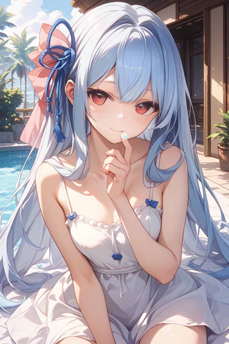 Alice in Wonderland、Light blue long hair、Beautiful girl with twin tails、smile、Killer whale cat、Trump's Soldiers、Running through a bright forest with cards flying、There are lots of colorful flowers at my feet