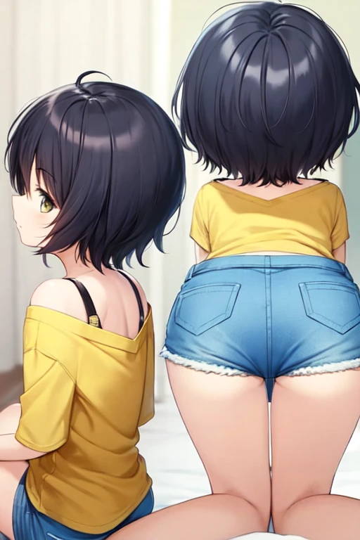 2D，highest quality，(masterpiece)，(full body)，Shameimaru text，amber brown hair，short cut hair，healthy dark skin，（denim hot pants），Tank top，Shiny bare legs，barefoot，beautiful brown eyes，attractive thighs，Bedroom，Get drunk，upper grade，cheeks are bright red，Cute with bruises，devilishly sexy，erotic look，large drops of sweat，It&#39;s stuffy，（Stick both knees together），（Standing Bose），(Angle showing the back)