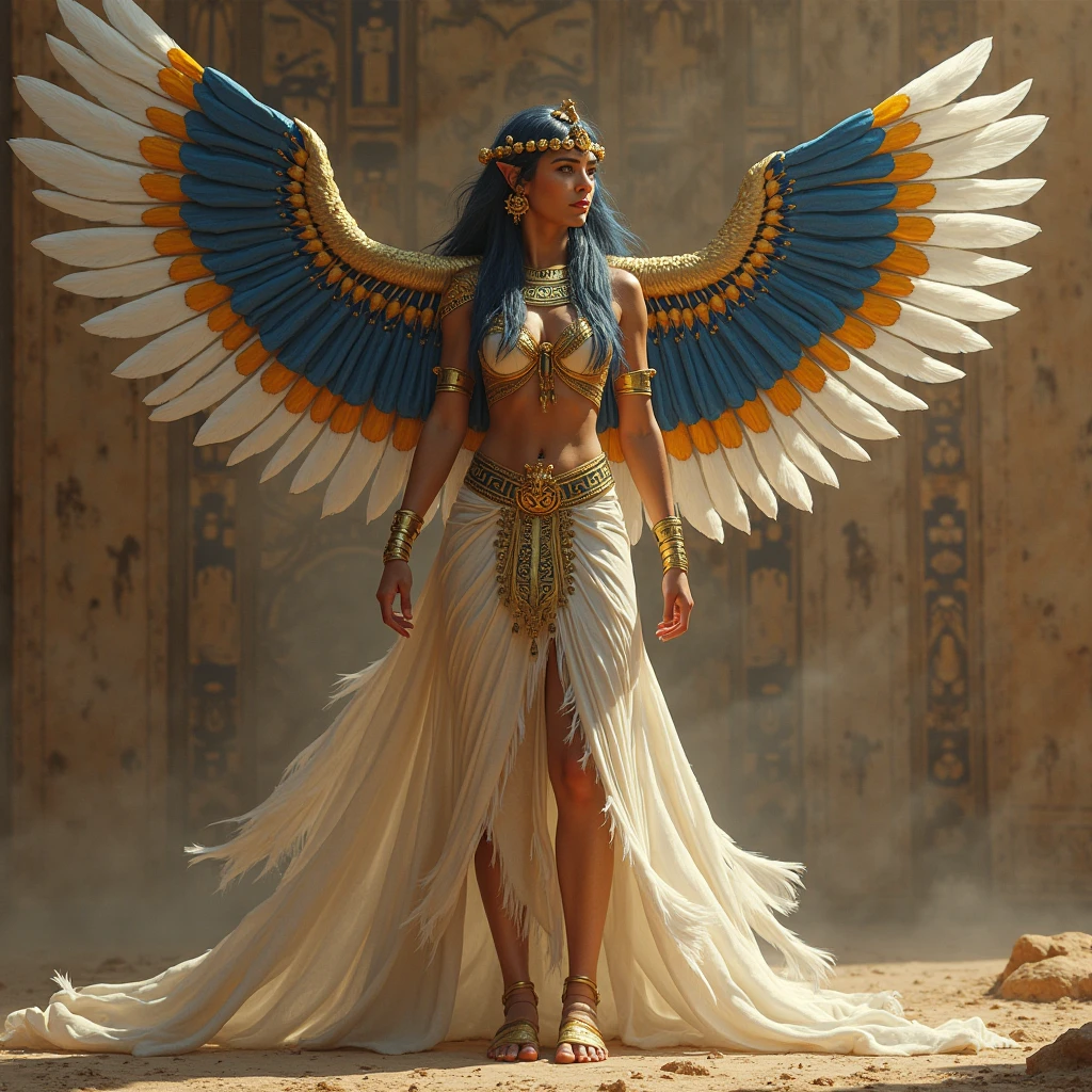An ethereal image of a blue-haired girl as the goddess Isis, exuding a mythical presence. Her flowing blue hair and celestial glow are framed by intricate gold and jewel-encrusted Egyptian regalia. Adorned with a headdress featuring Isis's symbol and majestic feathered wings, she stands with divine grace. The backdrop features pyramids and the Nile under a star-studded sky, enhancing her divine and powerful aura.