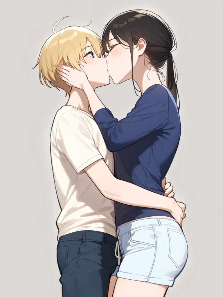 beautiful tall woman, beautiful face, medium bob cut blonde hair, light blue eyes, two points glasses, medium breasts, blue denim jacket, white long pleats skirt, black hair boy, She holds to the boy from behind, back hug, She's catching us by surprise, woman teasing his penis from behind, handjob, lustful smiling with breath, my room, pastel 2d art, matte painting, anime, masterpiece