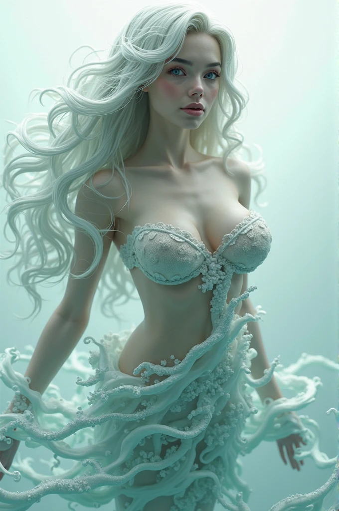 A beautiful white-haired woman, a mermaid with blue eyes, wearing a water goddess costume, and a white diamond tail.