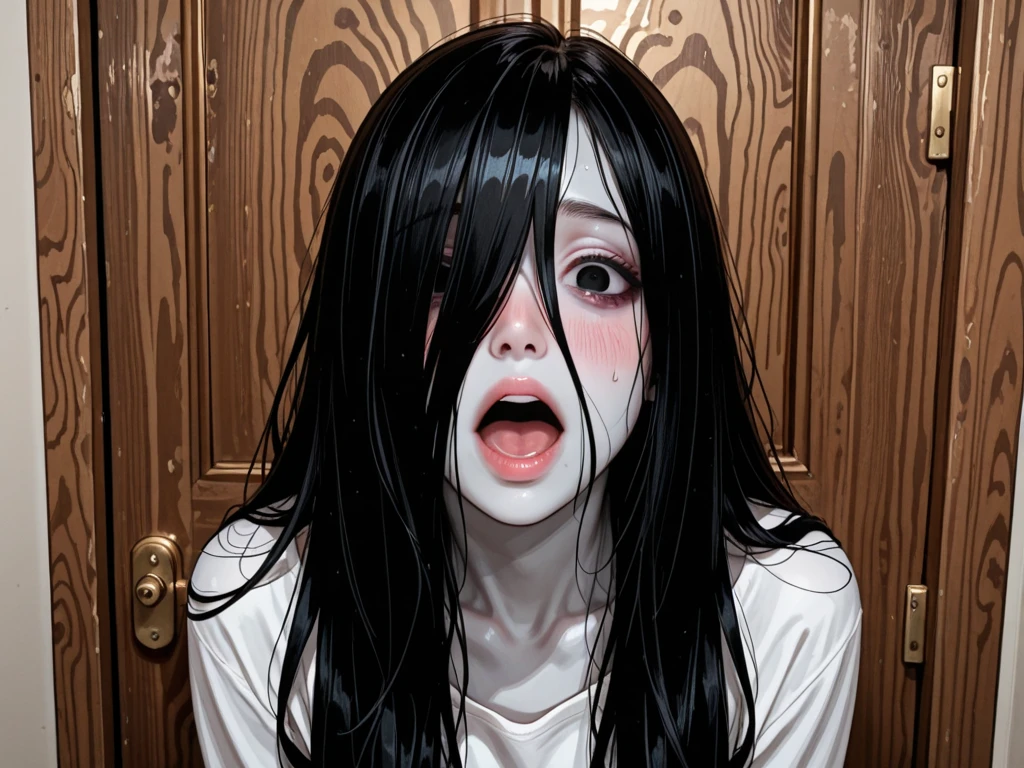 (masterpiece:1.3), (8k, Realistic, RAW Photos, highest quality: 1.4), ((1 Kayako)), Beautiful Face, (Realistic Face), (Black Hair, Long Hair:1.5), Beautiful hairstyle, ((bangs:1.2)), Realistic eyes, Beautiful fine details, (Realistic Skin), Beautiful Skin, ((Pale skin:1.4)), Absurd, Charm, Ultra-high resolution, Ultra-realistic, Very detailed, Golden Ratio, Cinematic, (Complex:1.3), (Best Shadow), Side lighting, Low contrast, ((Hollow Eyes)), (Frowning), (Flushing), NSFW (Completely naked), (Crawling out of the closet and giving a blowjob:1.2, On all fours), NSFW ((fellatio, deep throat:1.2)), real vagina, (Wet vagina), BRAKE ((1boy, 1penis:1.2)), real penis, ((Thick penis)), (projectile cum:0.8), ((excessive cum:1.0)), BREAK ((A very dark tatami room)), (steam:1.0), BREAK ((cowboy shot)), ((Low - Angle:1.3))