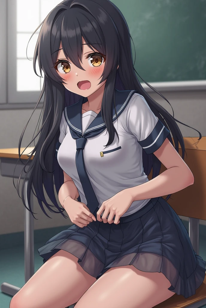 best quality,1girl,((,breasts,loli:1.3)),y,((orgasm,blush:1.3)),angry,sweat,Tachibana Arisu,black hair, long hair,hair ribbon, ((white tank top,blue skirt,mini skirt,lift skirt,upskirt,kneehighs,vagina:1.1)),((vagina,excessive cum,cumdrip:1.3)),thighhighs,classroom,walking,pubic hair