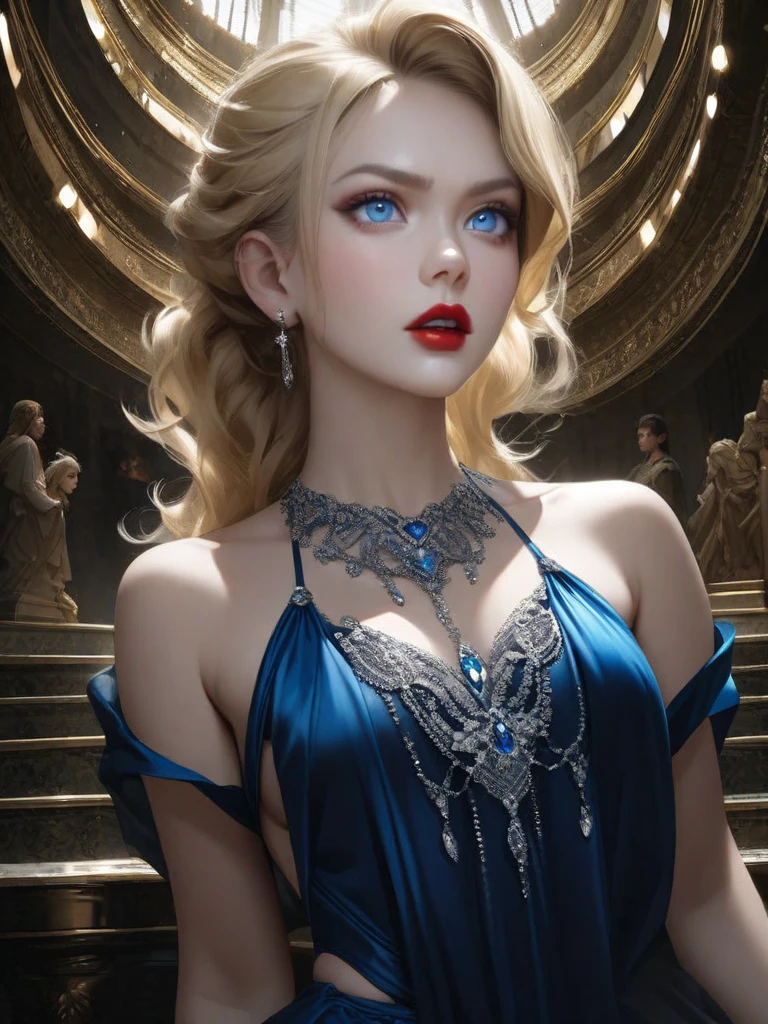 ((masterpiece、highest quality、Super detailed、High resolution、realistic、sharp focus、cinematic lighting))、(1 girl)、bust shot、(blonde、high top fade、bun hair)、beautiful hairstyle、beautiful face、beautiful eyes、heavy makeup、close your mouth、smile、Detailed depiction of hands、Blue Off Shoulder Long Dress、silver tiara、Silver Choker、earrings、inside the palace、((view audience))、perfect eyes