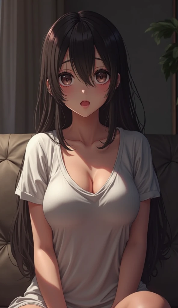 (Finest quality)),(超A high resolution),(ultra-detailliert),(Meticulous portrayal),((best pictures)),(Finest works of art),Ultra-Precision Art,The art of astounding depiction, Contemporary art:1.5, (1 adult female:1.5),Sleepy black hair,((Wearing a large shirt that does not fit the body:1.8)),(open-shirt:1.8),(The lower part of the body is bare:1.7),Sleepy eyes,stretch,Girl sitting on her bed