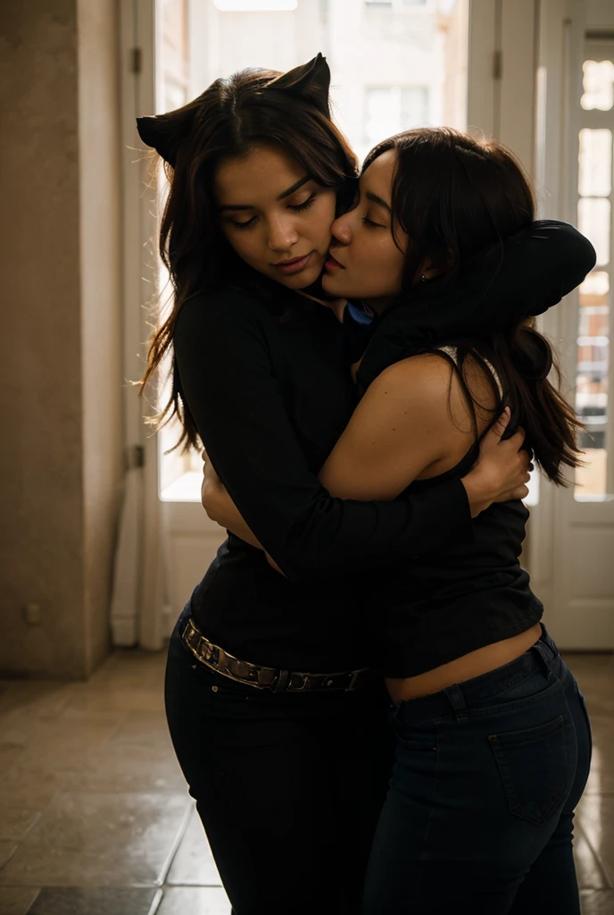 Lesbianas, en panties negros, lindos traseros, beso frances