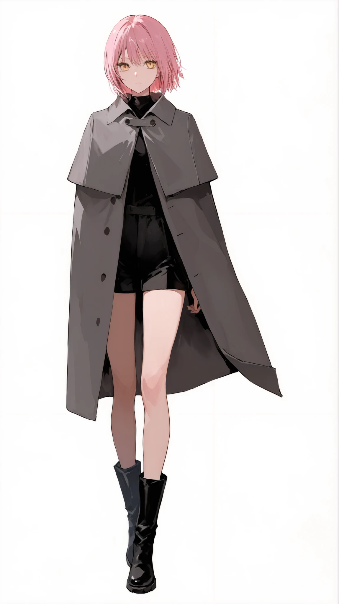 High Definition　One girl　Full Body　front　Standing picture　Short　pink hair　short hair　Golden eyes　dark grey cape coat　shorts　black short boots　white background