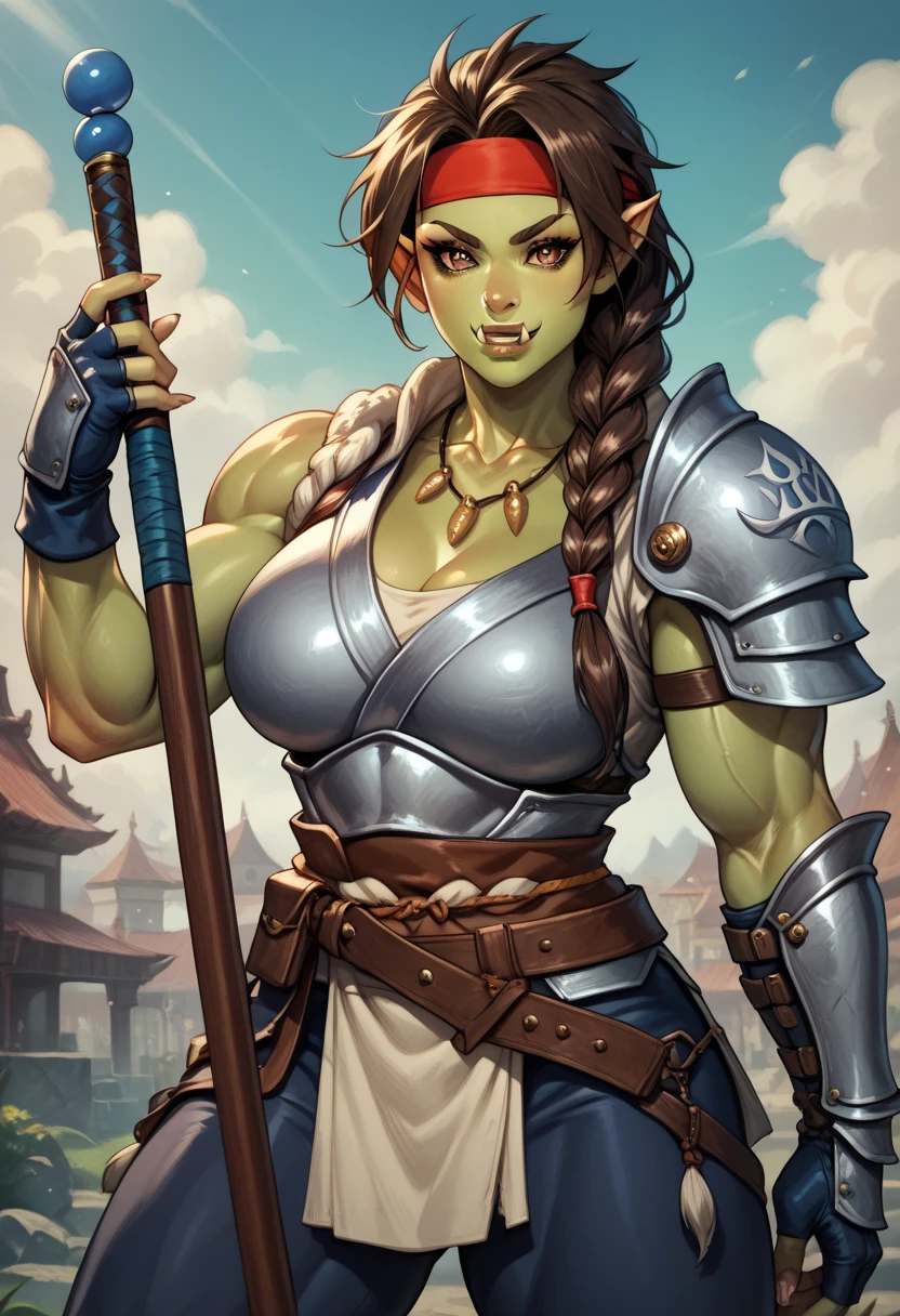 score_9, score_8_up, score_7_up, score_6_up, score_5_up, score_4_up, 1girl, <lora:RakaWOW:0.65> orc, muscular, muscular female, tusks, pointy ears, colored skin, green skin, mohawk, braid, black hair, earrings, smile, standing, wearing (knight armor:1.2), gauntlets, (breastplate:1.2), shoulder armor, looking at viewer, from above, 
light blue background, simple background,
