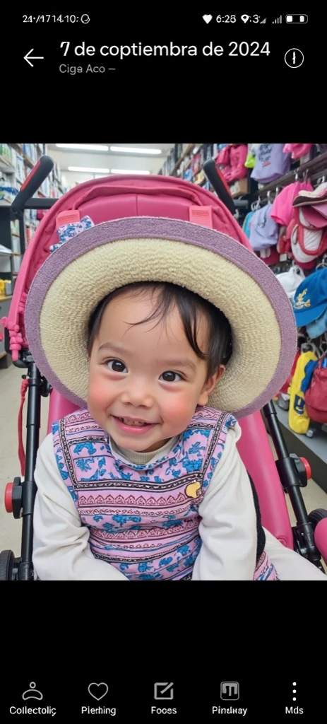 There's a baby who has a cell phone in his hand, she is smiling and excited, flores nas bochechas do herdeiro, ela tem um rosto bonito, bochechas rosadas, wearing a headband, Directed by: Nandor Soldier, ela tem um rosto expressivo bonito, she is smiling and happy, Violeta Myers, flower child, katelynn mini estilo bonito, lindo bonito