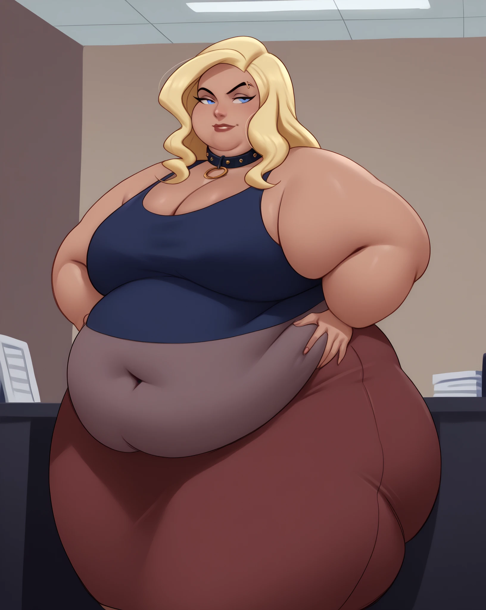 high_aesthetic,art by Lazorchef, ((Masterpiece, best quality, perfect lighting, amazing shading)), perfect anatomy, field of depth, extremely beautiful, long blonde hair, hair ribbons, green eyes, sweater dress, pantyhose, cute smile, (((immobile))), [belt], blushing, (cowboy shot), (elegant pose), simple background