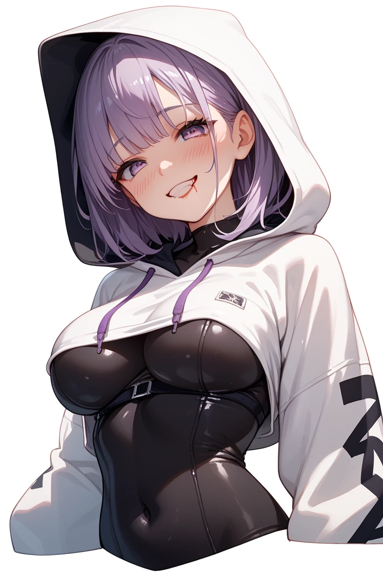 (masterpiece), best quality, expressive eyes, perfect face,1 girl, short spiky white hair, purple eyes, with bunny ears, star hair clips, white hoodie with a purple line in the middle, black panties, sexy socks, with bunny tail, flushed, ((big boobs))