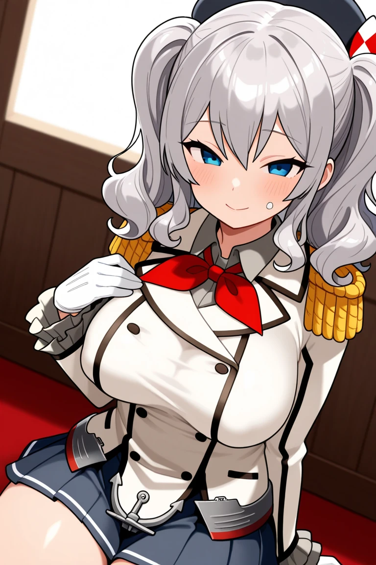 (masterpiece, best quality:1.2),giggle,A hand touched his chest,illustration,8K,HD,1 girl,solitary,portrait,blush,white hair,blue eyes,curls,Double tail,Berets,Epaulettes,Ruffled sleeves,Jacket,Large Breasts,Long sleeve,,mini skirt,Pleated Skirt,Red tie,White gloves,anchor,Solid color background