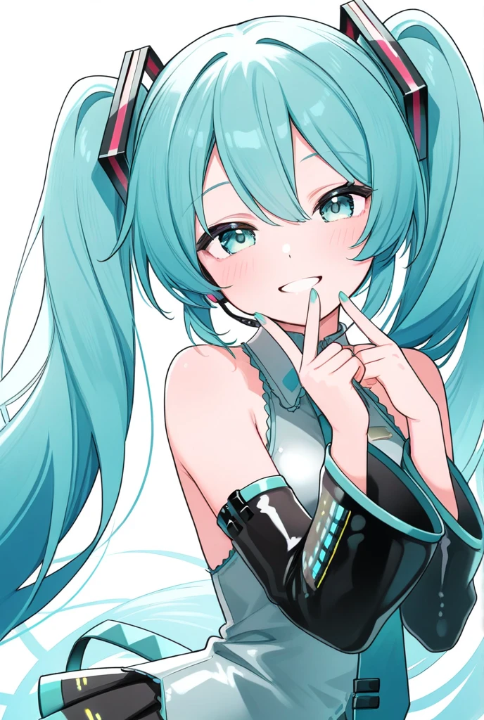 hatsune miku with red hair, psychopath face, blood, cat ears, smiling
