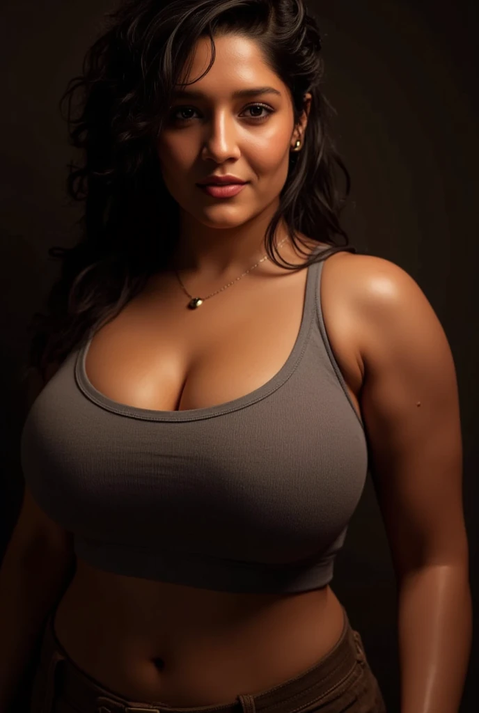 beautiful chubby girl wearing a athletic tank top, busty, chubby face, ground face, big eyes, cleavage, glamourous hair, depth of field, bokeh, morning, (masterpiece) (best quality) (detailed) (8k) (wallpaper) (cinematic lighting) (sharp focus) (intricate), dynamic lighting, vivid
