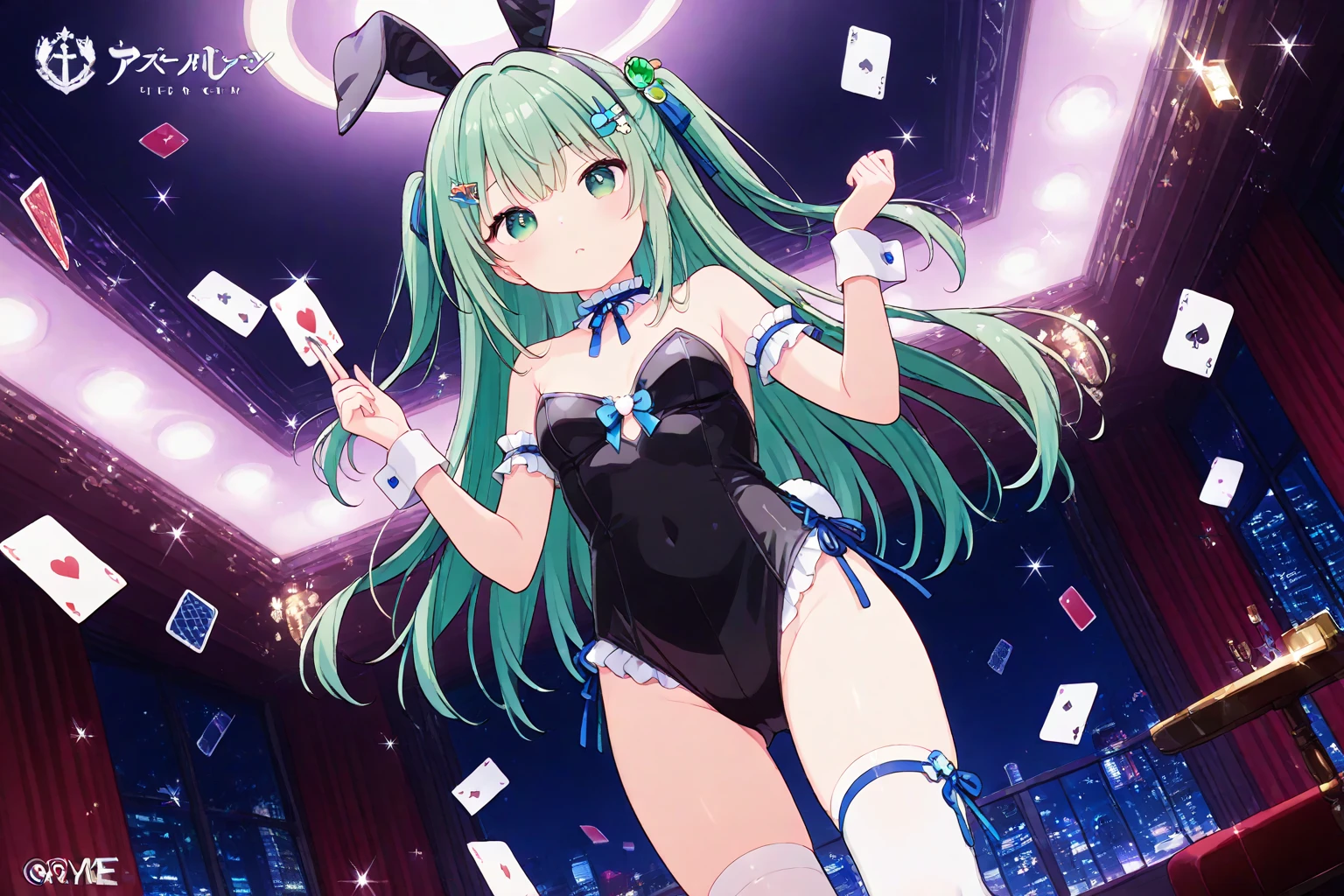 NSFW,masterpiece,Highest quality,High resolution,Very detailed,Shiro \(no game No life\),Long Hair,Multicolored Hair,Hair between the eyes,Gradient Hair,Yellow Eyes,Flat Chest,Bunny ears,Playboy Bunny,casino,Holding Tray,Embarrassing,blush,Are standing
